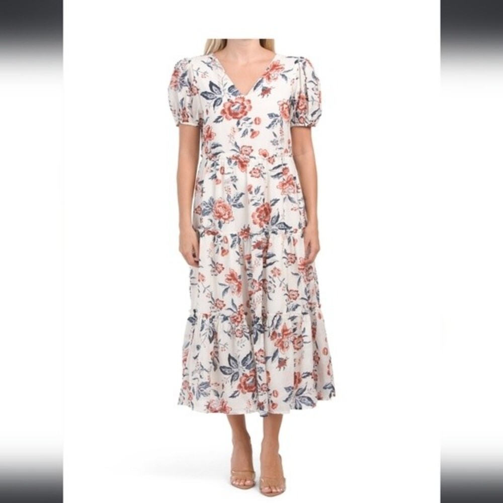 NWT Lucky Brand Short Puff Sleeve V-neck Tiered Tie Boho Floral Maxi Dress XS